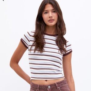 Pull&Bear Pacific Republic Brown Blue Striped Crop Baby Tee